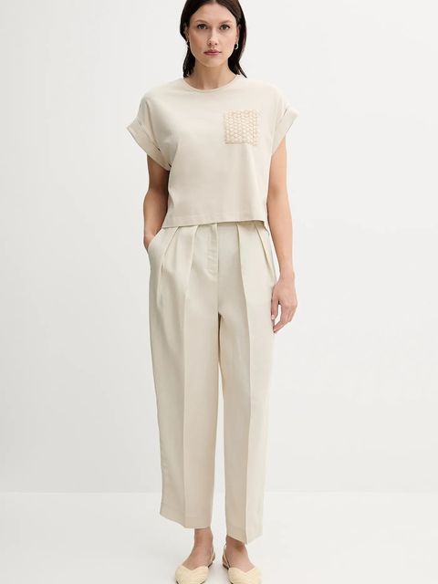 United Colors of Benetton spodnie z domieszką lnu damskie kolor beżowy proste high waist 45BVDF09B