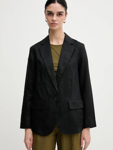 Sisley marynarka lniana kolor czarny jednorzędowa gładka