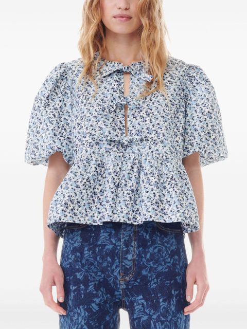 GANNI floral-print short-sleeve blouse - White