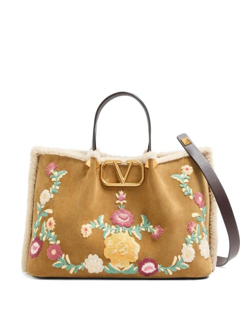Valentino Garavani medium VLogo-signature floral-embroidered suede tote bag - Neutrals - zdjęcie produktu nr 1