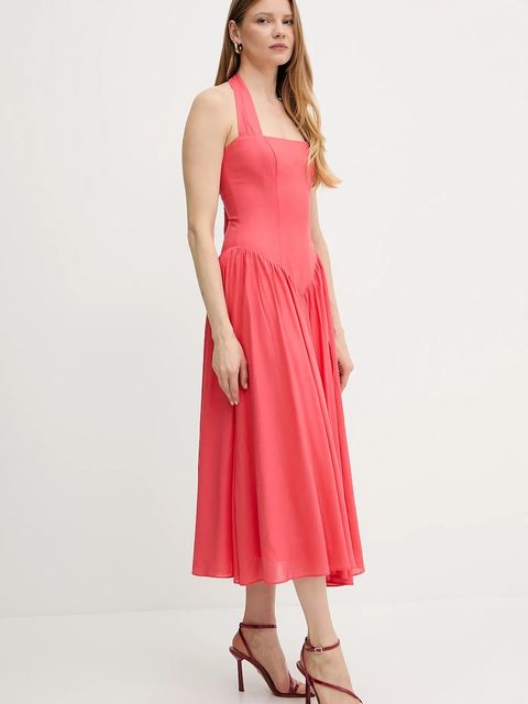 Bardot sukienka z domieszką lnu kolor różowy maxi rozkloszowana 59803DB1