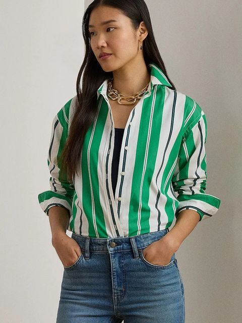 Lauren Ralph Lauren koszula bawełniana damska kolor zielony relaxed z kołnierzykiem klasycznym 200P03666 - zdjęcie produktu nr 1