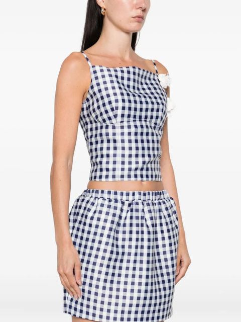 Self-Portrait gingham floral-embellished top - Blue