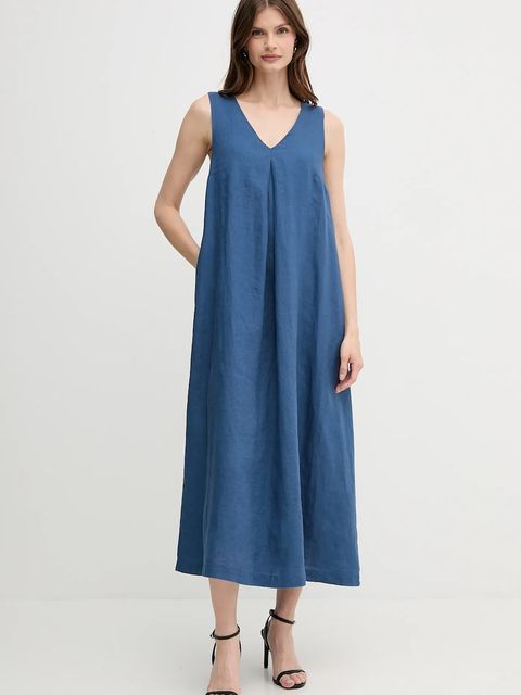 United Colors of Benetton sukienka lniana kolor granatowy maxi rozkloszowana - zdjęcie produktu nr 1