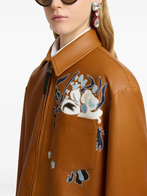 Marni floral intarsia leather overshirt - Brown