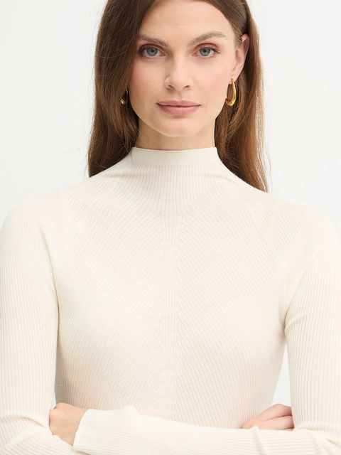 BOSS sweter wełniany damski kolor beżowy lekki z półgolfem 50549166