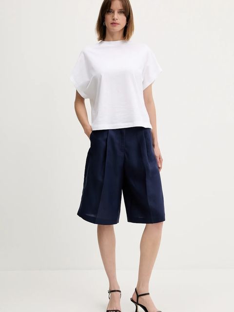 United Colors of Benetton szorty z domieszką lnu damskie kolor granatowy gładkie high waist 45BVD9026 - zdjęcie produktu nr 2