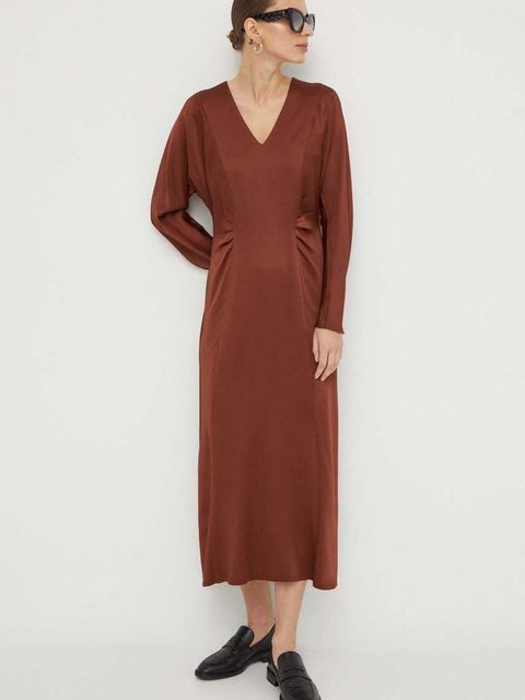 BOSS sukienka kolor brązowy midi rozkloszowana 50505634