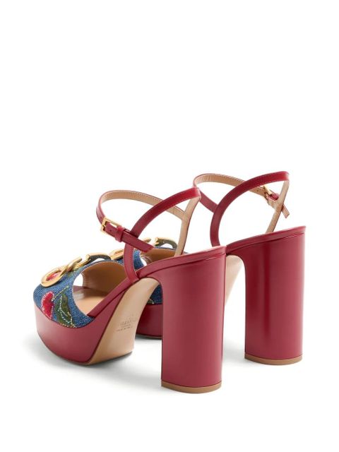 Valentino Garavani Vlogo Signature platform denim sandals with Cherryfic embroidery 115mm - Blue