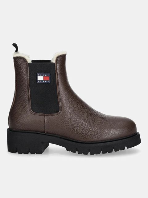 Tommy Jeans sztyblety skórzane TJW CHELSEA BOOT WL damskie kolor brązowy na platformie ocieplone EN0EN02826