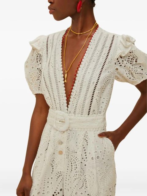 FARM Rio broderie-anglaise puff-sleeve jumpsuit - L0025 OFF WHITE - zdjęcie produktu nr 1