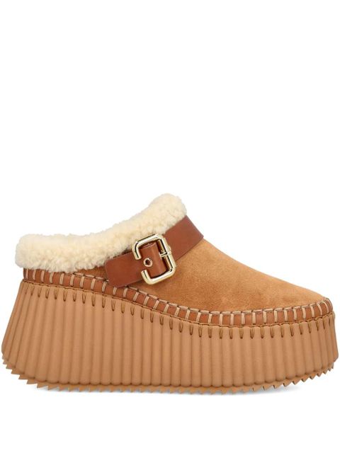 Chloé Nama wedge shearling buckle mules - Brown - zdjęcie produktu nr 1