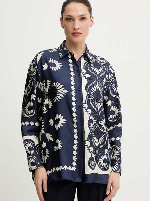 Weekend Max Mara koszula jedwabna LASTRA damska kolor granatowy regular z kołnierzykiem klasycznym 2615191011600 - zdjęcie produktu nr 1