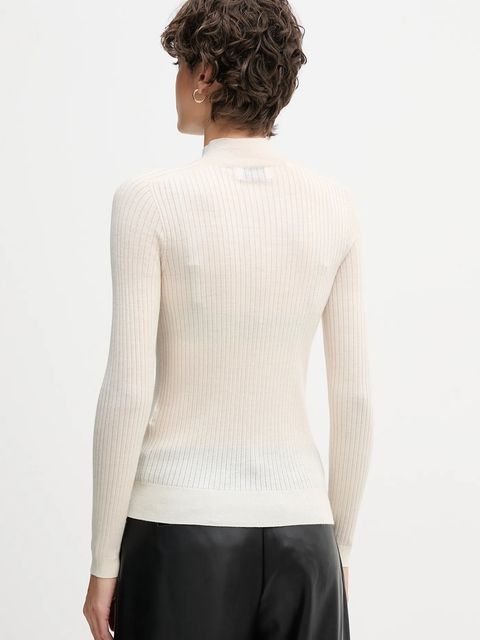 Lacoste sweter wełniany damski kolor beżowy lekki z półgolfem AF4189