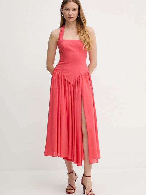 Bardot sukienka z domieszką lnu kolor różowy maxi rozkloszowana 59803DB1 - zdjęcie produktu nr 1