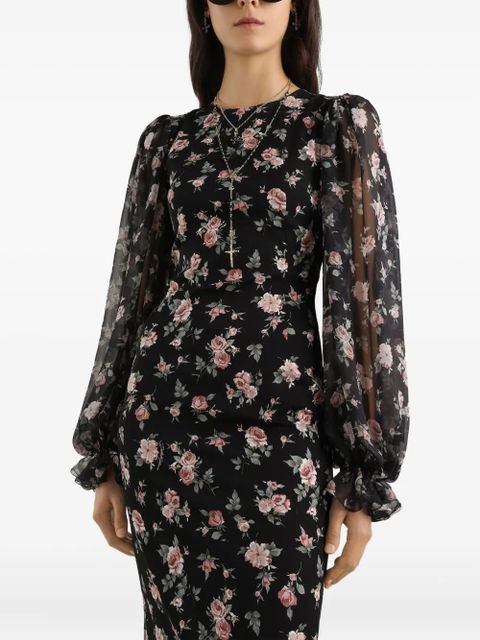 Dolce & Gabbana puff-sleeve floral midi dress - Black