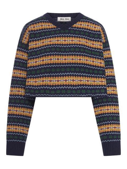 Miu Miu V-neck jacquard wool sweater - Blue - zdjęcie produktu nr 1