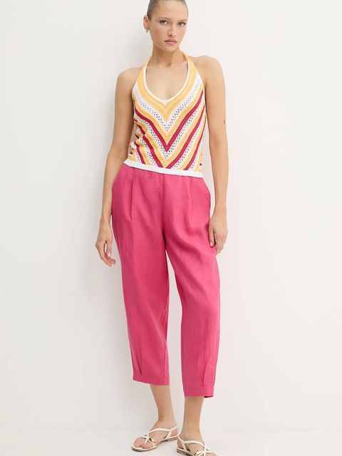 United Colors of Benetton spodnie lniane damskie kolor różowy szerokie high waist 4AGHDF08L - zdjęcie produktu nr 2