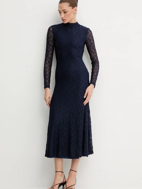 Bardot sukienka kolor granatowy midi rozkloszowana 59476DB2