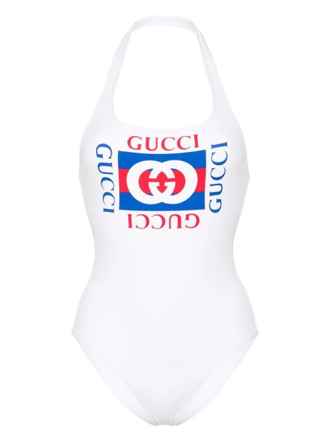 Gucci logo-print halterneck swimsuit - White