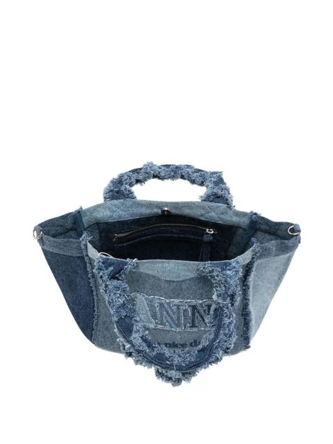 GANNI frayed panelled tote bag - Blue