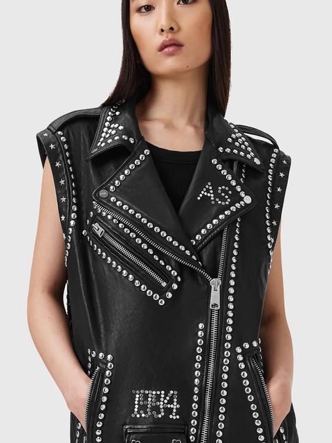 AllSaints bezrękawnik skórzany BILLIE kolor czarny przejściowa oversize W051LC