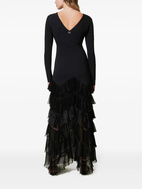 TWINSET pleated tulle flounces maxi dress - Black