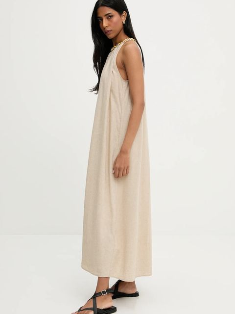 Answear.LAB sukienka z lnem kolor beżowy maxi rozkloszowana