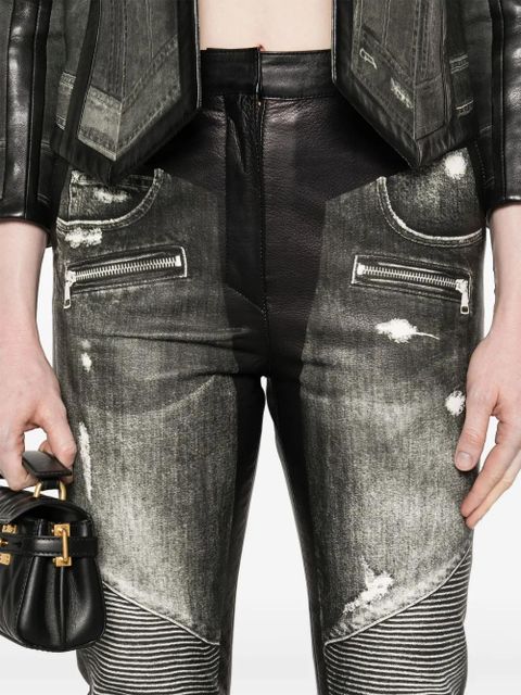 Balmain denim-print leather trousers - Black