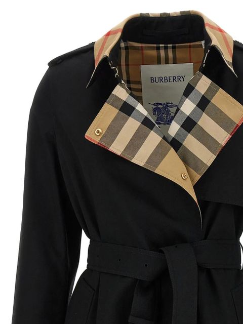 Burberry Check pattern-collar belted trench coat - Black