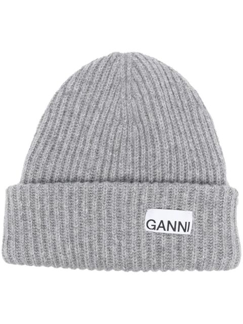 GANNI logo-patch rib-knit beanie - Grey - zdjęcie produktu nr 1