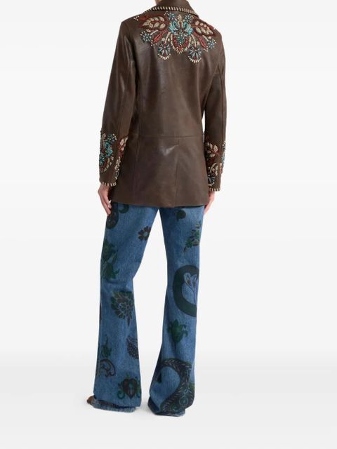 ETRO paisley-embroidered leather jacket - Brown