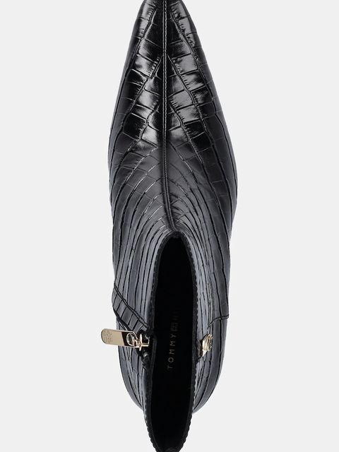 Tommy Hilfiger botki skórzane TH SQUARE TOE CROC KITTEN BOOTIE damskie kolor czarny na słupku FW0FW09162