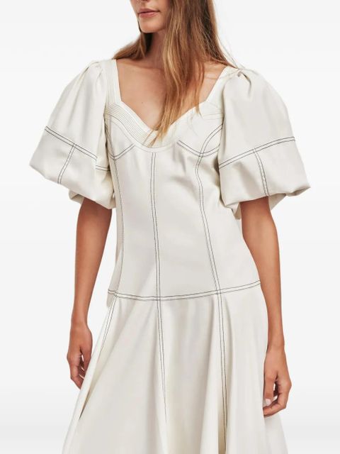 Aje Ether puff-sleeve topstitched midi dress - Neutrals