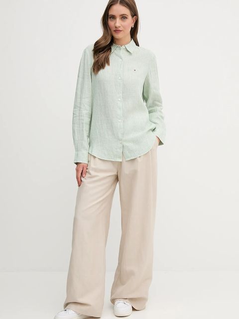 Tommy Hilfiger koszula lniana damska kolor zielony relaxed z kołnierzykiem klasycznym WW0WW44679