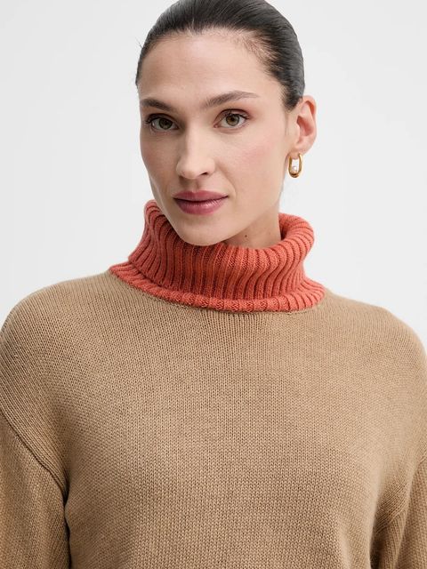 United Colors of Benetton sweter z dodatkiem wełny damski kolor beżowy z golfem 16YCE204I