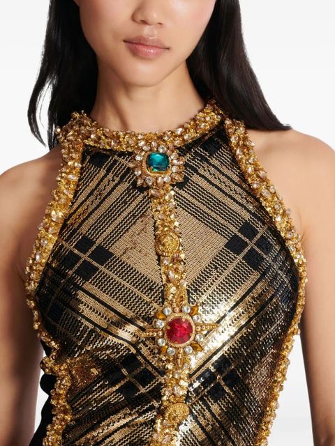 Balmain plaid jewel-embellished sleeveless dress - Gold