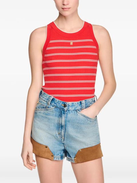 SANDRO striped-pattern logo-plaque tank top - Red