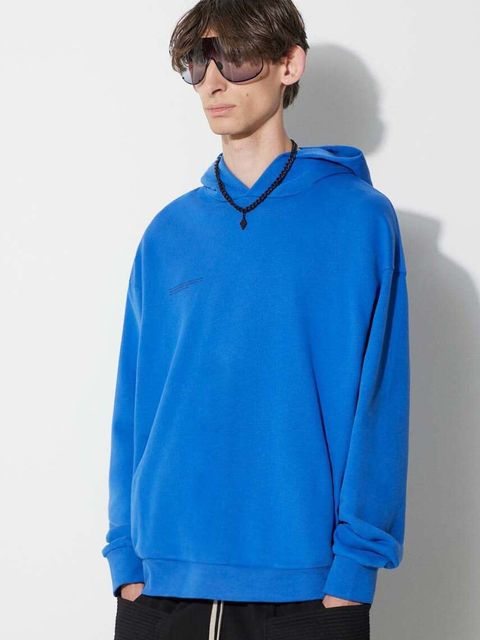 Pangaia bluza bawełniana kolor niebieski z kapturem z nadrukiem - zdjęcie produktu nr 2