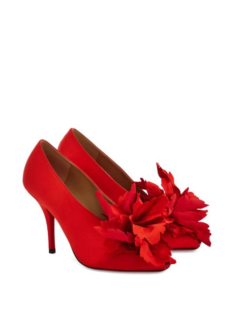Ferragamo 90mm flower-appliqué satin pumps - Red