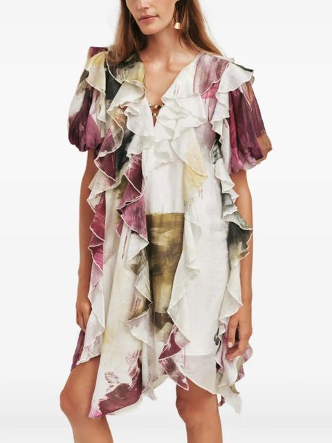 Aje Voyager ruffled printed mini dress - White