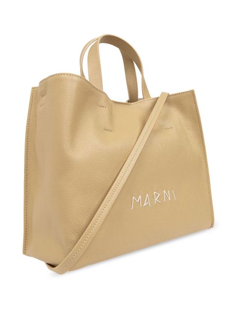 Marni logo-embroidered leather tote bag - Neutrals