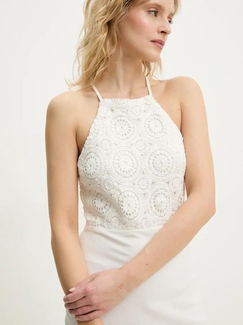 Answear.LAB sukienka z lnem kolor biały maxi rozkloszowana