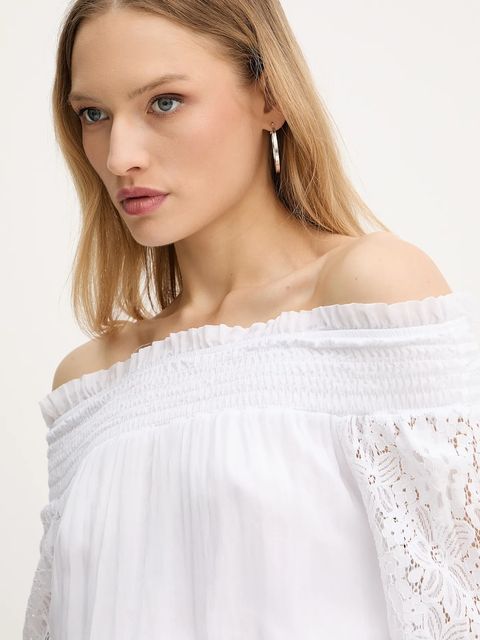 Guess bluzka z domieszką jedwabiu AUDREY damska kolor biały wzorzysta W5GH0S WE550