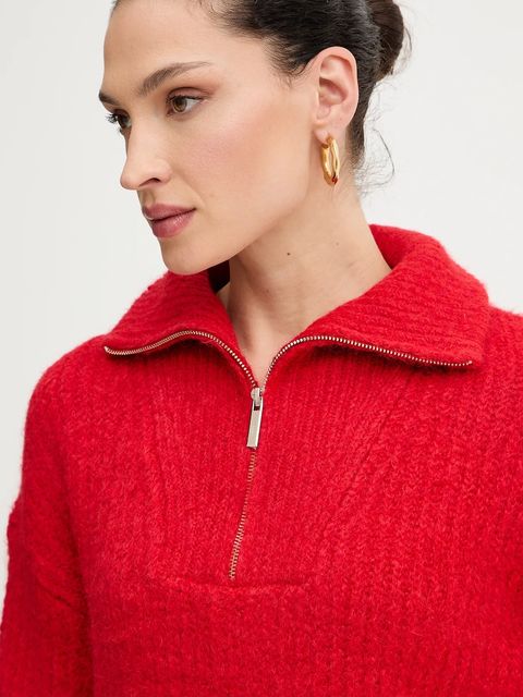 Morgan sweter damski kolor czerwony ciepły z półgolfem MFLAMI