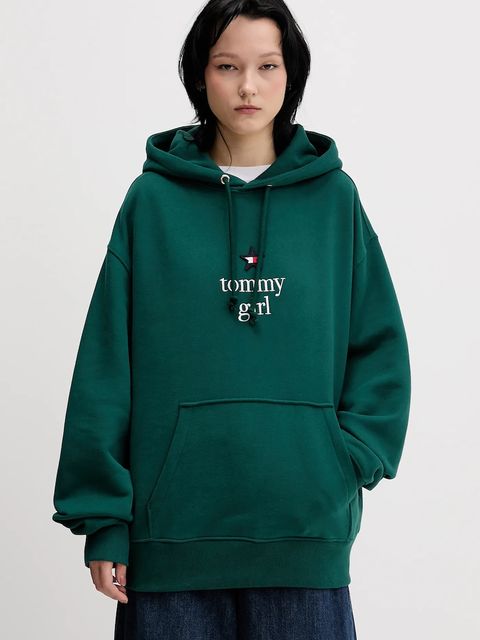 Tommy Jeans bluza bawełniana damska kolor zielony z kapturem z aplikacją DN0DN00099 - zdjęcie produktu nr 1