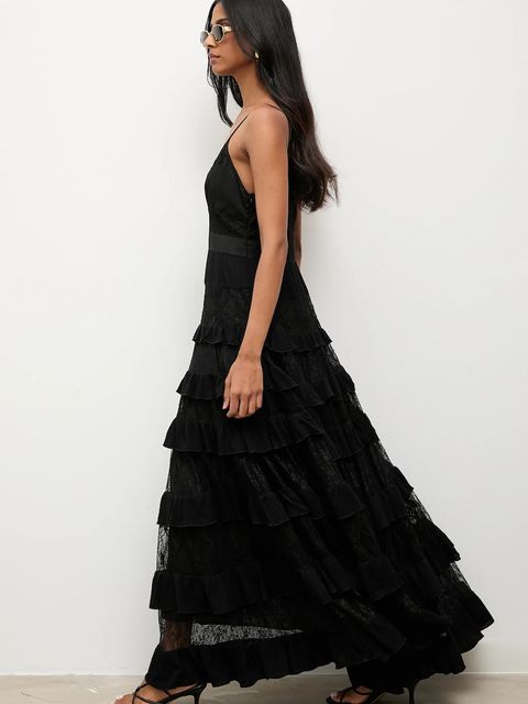 Answear.LAB sukienka z domieszką lnu kolor czarny maxi rozkloszowana - zdjęcie produktu nr 1