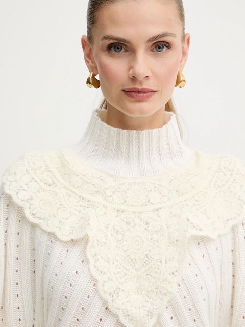 Twinset sweter z dodatkiem wełny damski kolor beżowy z półgolfem 252TS3353