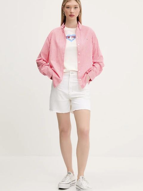 Tommy Jeans koszula bawełniana damska kolor różowy relaxed z kołnierzykiem klasycznym DW0DW20290