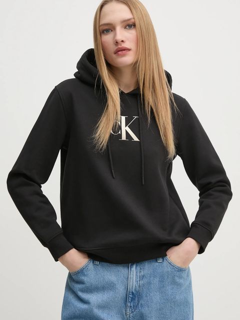 Calvin Klein Jeans bluza damska kolor czarny z kapturem z nadrukiem J20J224721